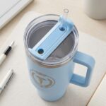 EZmed 40oz Stainless Steel Tumbler with Handle, Insulated Travel Mug with Straw Lid, Light Blue