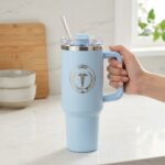 EZmed 40oz Stainless Steel Tumbler with Handle, Insulated Travel Mug with Straw Lid, Light Blue